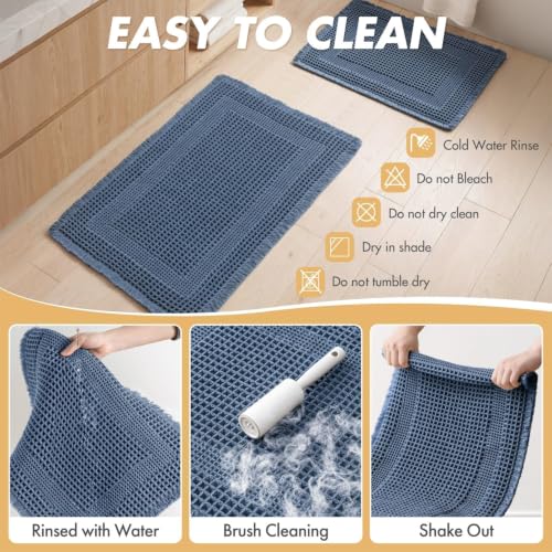 MIULEE Set of 2 Waffle Bathroom Rugs Blue Boho Bath Mat 17x24+18x30 in - color: Blue, size: 17''x24'' + 18''x30''