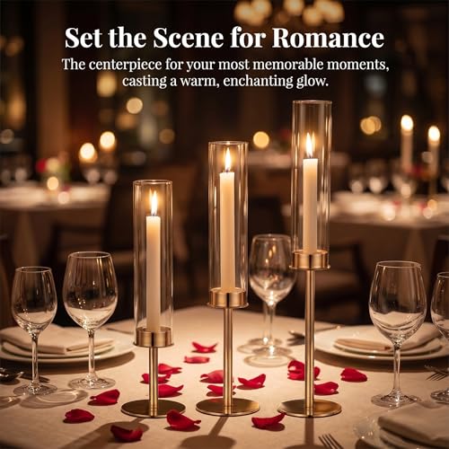 Gold Hurricane Candle Holders Set of 3, Tall Metal Windproof Glass Taper Candle Holder for Candelabra Centerpieces for Dining Table, Wedding, Party & Fireplace Mantel Decor