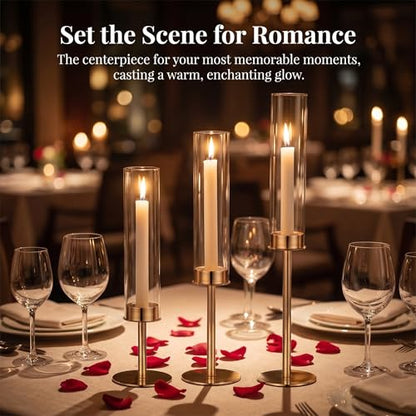 Gold Hurricane Candle Holders Set of 3, Tall Metal Windproof Glass Taper Candle Holder for Candelabra Centerpieces for Dining Table, Wedding, Party & Fireplace Mantel Decor