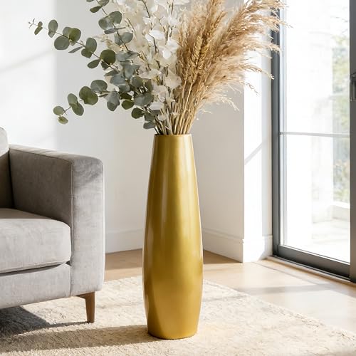 Gold Tall Ceramic Floor Vase, 28 Inch, Minimalist Design | Glossy Glazed Finish, Spacious Rooms, Statement Corners, Fireplace, Dried Branches - color: Shape 2 Gold, size: 28 Inch