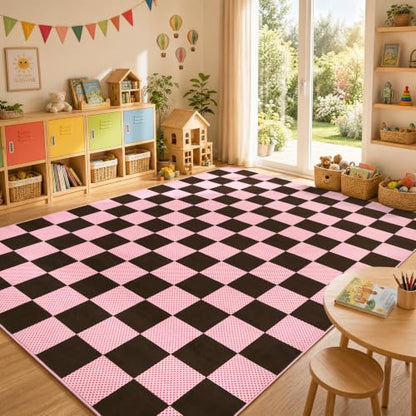 GarveeHome Checkered Brown Pink 3x5 Washable Girls Low-Pile Rug for Bedroom - color: Brown Pink, size: 3' x 5' (Rectangular)