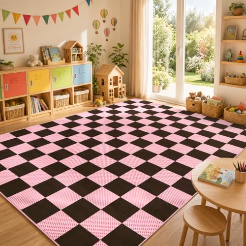 GarveeHome Checkered Brown Pink 5x7 Washable Girls Low-Pile Rug for Bedroom - color: Brown Pink, size: 5' x 7' (Rectangular)