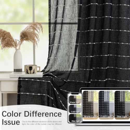 Black Sheer Curtains 63 Inch Faux Linen Boho Striped 2 Panels - color: Black, size: 52"W x 63"L (Pack of 2)