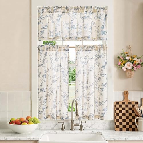 jinchan Blue Linen Floral Kitchen Tier Curtains and Valance Set 3 Pieces - color: Alisa | Blue on Linen, size: 26"W x 36"L (Pack of 3)