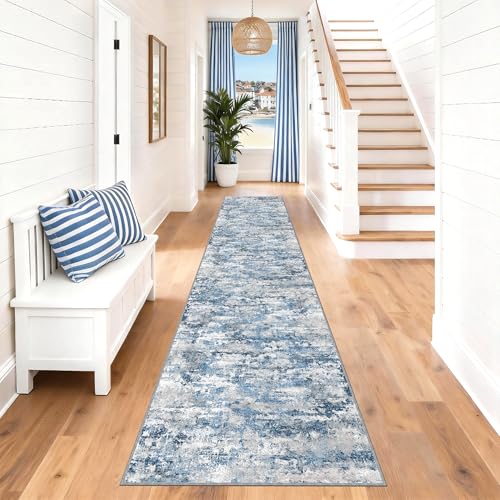Long Hallway Runner Rug 2.6x14 ft Textured Non Slip for Dogs, Ocean Blue - color: Abstract- Ocean Blue, size: 2'7" x 14' (Runner)