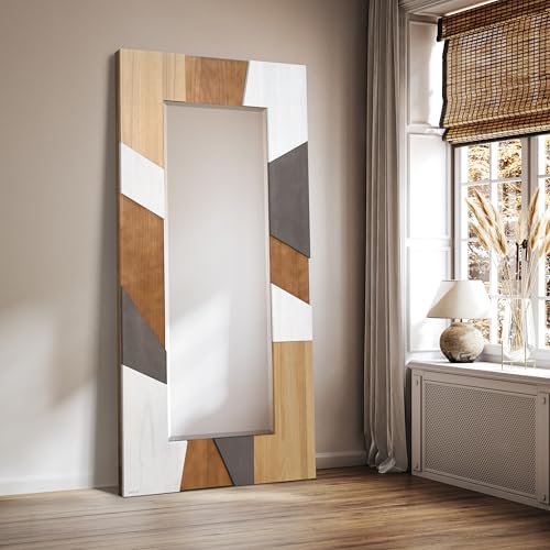 Empire Art Direct Modern Geometric Hand Made Solid Paulownia Wood Beveled Leaner Mirror, Ready to Hang, Living Room, Bedroom & Office, 78.8"x39.4"x1.6" - style: Modern Geometric