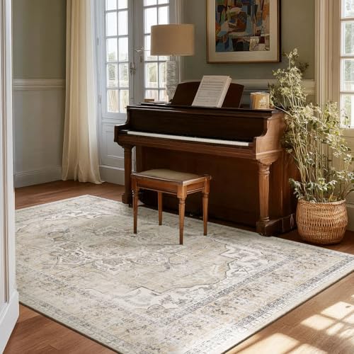 Washable Living Room Area Rug: 4x6 Bedroom Rug Non Slip Soft Boho Carpet - color: Beige White and Black, size: 4' x 6' (Rectangular)