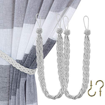 Home Queen Hand Braided Curtain Tie Back, Buckle Holdback Drapery Curtain Tiebacks, 2 Rope Belt Curtain Tie with 2 Metal Hooks, Silver - color: Silver, size: 2 Pack