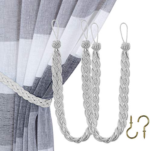 Home Queen Hand Braided Curtain Tie Back, Buckle Holdback Drapery Curtain Tiebacks, 2 Rope Belt Curtain Tie with 2 Metal Hooks, Silver - color: Silver, size: 2 Pack