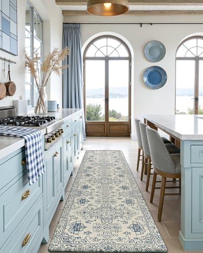 DEXI Kitchen Floor Mats Cushioned Anti Fatigue Runner Rug, 24x87 Blue - color: Blue/White, size: 87"L x 24"W x 0.4"Th