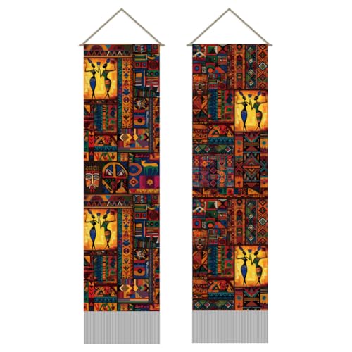 AHANDMAKER 2Pcs African Indigenous Totem Tapestry, African Tribal Style Wall Hanging Tapestries, Indian Women Long Tapestry with Tassels for Living Room Bedroom Home Office Decoration, 45.7x13 Inch - color: Mixed Color Indian Women