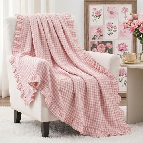 100% Cotton Pink Gingham Muslin Throw Blanket 6 Layers Ruffled - color: Pink