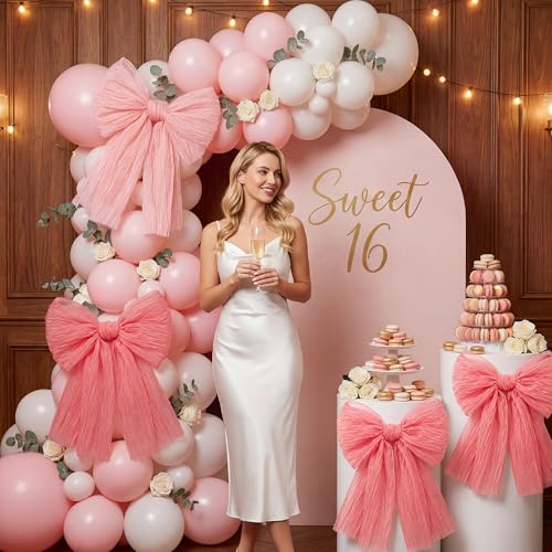 3 Pcs Large Shimmer Pleated Gauze Bows, 14 x 16 Inch Pink Glitter Mesh Bow Decorations for Coquette Room Decor, Aesthetic Wall Decor for Wedding, Graduation, Birthday Backdrop, DIY Kit - color: 14" X 16" Pink Bows, 3 Pcs