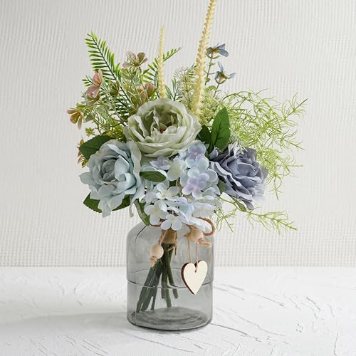 Fake Summer Flowers with Vase, Artificial Blue Dahlia & Rose Arrangement - color: Blue & Green