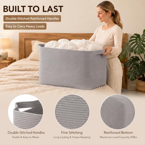 OIASKET 95L Extra Large Blanket Basket, 24" x 16.9" x 14.2" Woven Basket - color: Light Grey, size: 24"x16.9"x14.2"