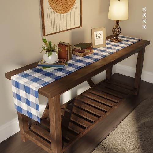 Encasa XO Table Runner, Woven Cotton Dining Linens 13"x72" Blue - color: Buffalo Blue Checks, size: 13x72 in