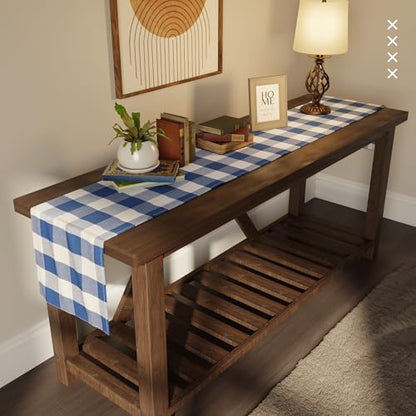 Encasa XO Table Runner, Woven Cotton Dining Linens 13"x72" Blue - color: Buffalo Blue Checks, size: 13x72 in