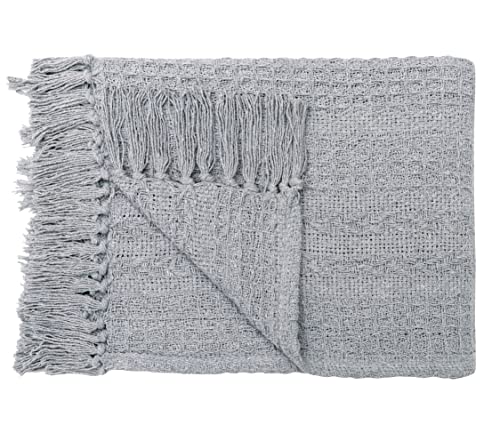 Woven Throw Blanket - Cotton - Rustic Ottoman, Batik Chair - Striped with Fringe - Picnic 50'' x 60'' - Set of Two (Grey) - color: Grey