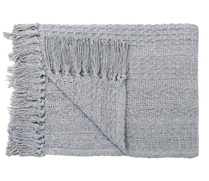 Woven Throw Blanket - Cotton - Rustic Ottoman, Batik Chair - Striped with Fringe - Picnic 50'' x 60'' - Set of Two (Grey) - color: Grey