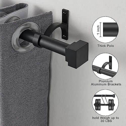 Single Curtain Rods for Windows 28 to 48 Inch(2.3-4ft),1 Inch Diameter Adjustable Heavy Duty Drapery Rods,with Modern Square Aluminum Alloy Finials,Matte Black - color: Matte Black, size: 28-48"