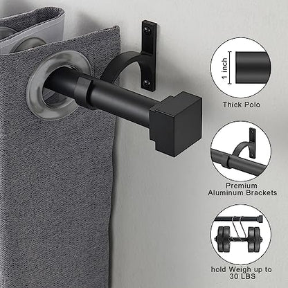 Single Curtain Rods for Windows 48 to 84 Inch(4-7ft),1 Inch Diameter Adjustable Heavy Duty Drapery Rods,with Modern Square Aluminum Alloy Finials,Matte Black - color: Matte Black, size: 48-84"