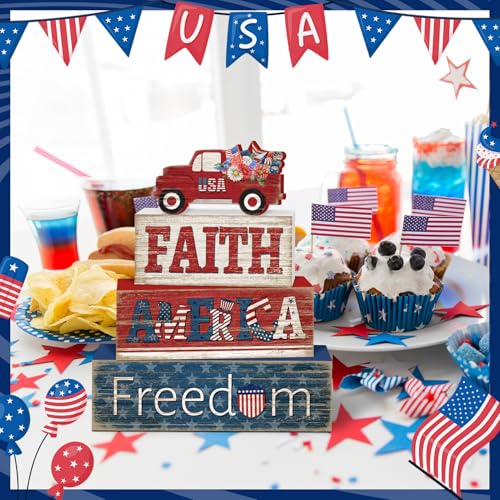 Britimes Tiered Tray Decor Set, 4 Pack, Wooden Table Sign, Independence - style: Independence Day Car