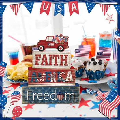 Britimes Tiered Tray Decor Set, 4 Pack, Wooden Table Sign, Independence - style: Independence Day Car