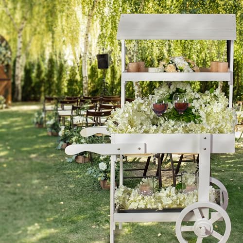 Sunnydaze Flower Cart Display Stand with Wheels, Fir Wood, 49” H, White - color: White