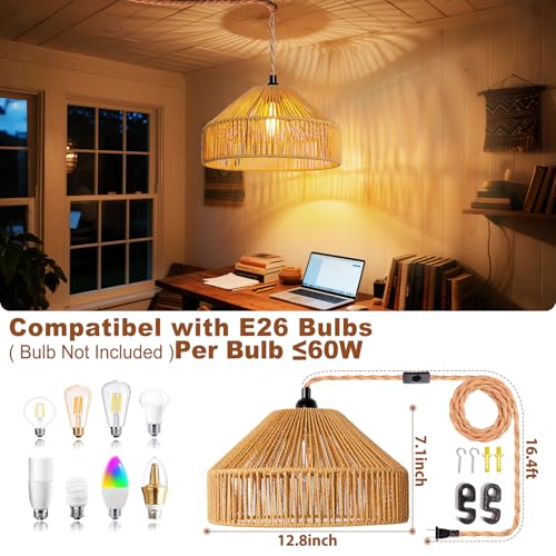 Maliralt Hanging Lamps Rattan Pendant Light Hanging Lights 16.4ft Plug in Cord Pendant Light Fixture Plug Into Wall Outlet Pendant Lighting with On Off Switch for Bedroom Living (Mongolian Yurt) - size: 12.8 Inch - Mongolian Yurt
