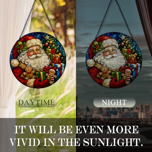 Christmas Santa Claus Suncatcher Stained Glass Window Hanging, Winter Christmas Tree Santa Gingerbread Sun Catchers Indoor Garden Glass Round Wall Decor,Xmas Wall Art Hanging Decorations 7.8x7.8 - color: Christmas_13