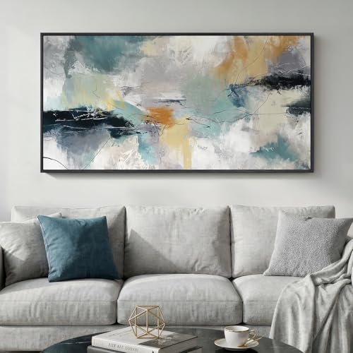 Large Framed Gray Teal Abstract Wall Art for Living Room, Horizontal 30x60 - color: Grey Teal, size: 60"L x 30"W