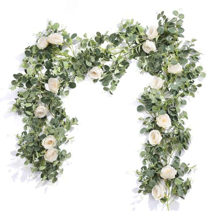Der Rose 2Pcs 6.5FT Wedding Decor Artificial Flower Eucalyptus Garland - color: White 2 Pcs
