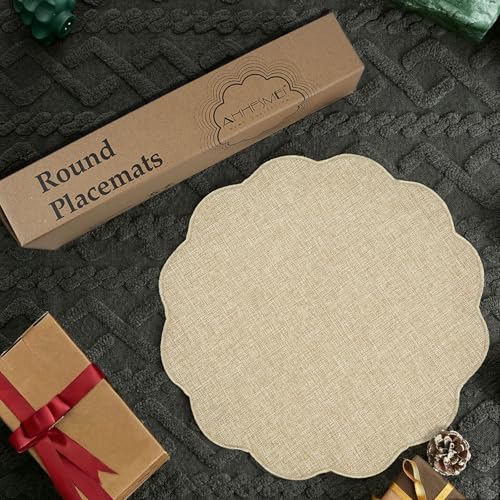 AHHFSMEI Round Scalloped Placemats Set of 6 15 Inch Faux Linen - color: Linen Beige