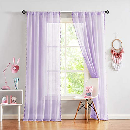 Pompom Sheer Curtains for Living Room 72" Lilac Girl Window Drapes Lavender - color: Lilac, size: 52"W x 72"L (Pack of 2)