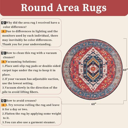 SERISSA 5ft Washable Non Slip Round Round Boho Area Rug for Bedroom，Rust - color: Rust/Multi, size: 5' (Round)