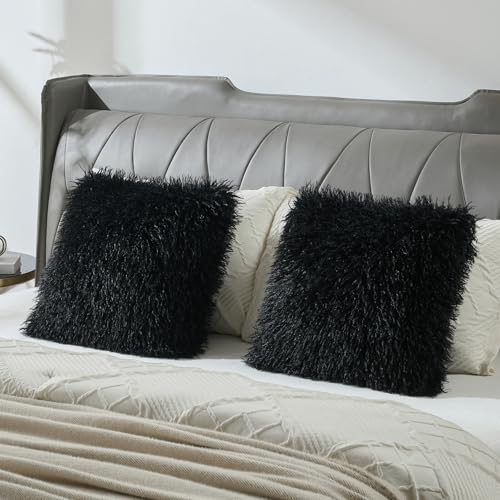 FUTEI Pack of 2 Faux Wool Throw Pillow Covers 18x18 Inch, Black - color: Black