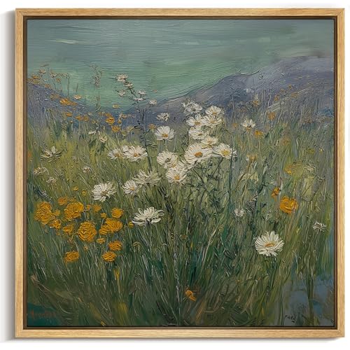 MUDECOR Framed Canvas Print Wall Art Vibrant Wildflower Meadow Impressionist Floral Landscape Illustrations Modern Art Group Colorful for Living Room, Bedroom, Office - 16"x16" NATURAL - color: B09-2604-M17, size: 16"L x 16"W