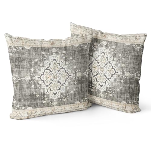 Snycler Boho Throw Pillow Covers 16x16 inch Set of 2 Bohemian Carpet Throw Pillows for Couch Beige&Grey Decorative Pillow Cases Farmhouse Home Decor for Sofa Porch Patio Bed Room Outdoor - color: Beige-grey, size: 16" x 16" (Pack of 2)