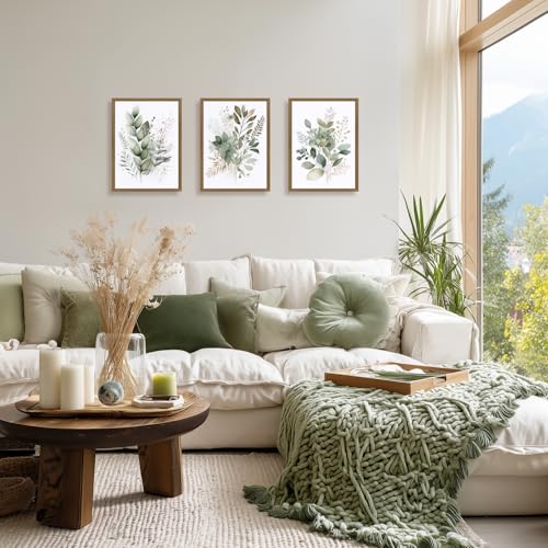 EisEver Watercolor Botanical Wall Art Set of 3, Sage Green Bathroom Wall Decor, Neutral Minimalist Floral Art Prints, Modern Farmhouse Plant Artworks for Living Room Bedroom Wood Framed 12x16 inch - color: SagePlant, size: 16"L x 12"W
