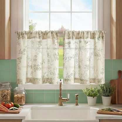 jinchan Floral Linen Kitchen Tier Curtains, 20 Inch, 2 Panels, Green - color: Alisa Green, size: 26"W x 20"L (Pack of 2)