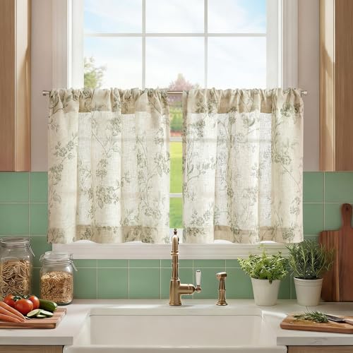 jinchan Floral Linen Kitchen Tier Curtains, 24 Inch, 2 Panels, Green - color: Alisa Green, size: 26"W x 24"L (Pack of 2)