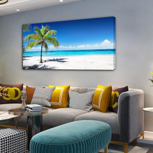Baisuart Large Canvas Wall Art Summer Ocean Waves Coconut Trees on Sands Beach Seascape Painting Sea Nature Pictures for Living Room Home Office Wall Decor Artwork XXLarge 30x60inch - color: Beach, size: 58"L x 29"W