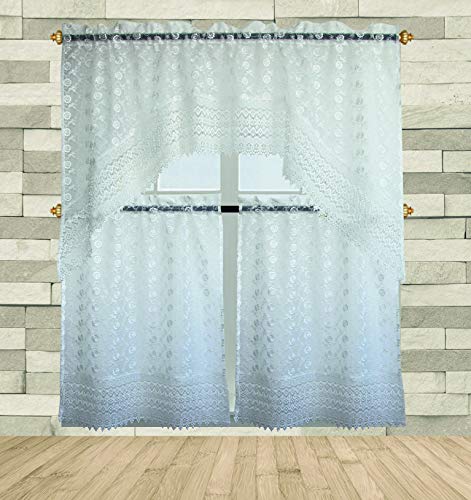 B&H Home Michel Floral Embroidered 3-Piece Kitchen Curtain Window Treatment Set (Michel Off White) - color: Michel Off White