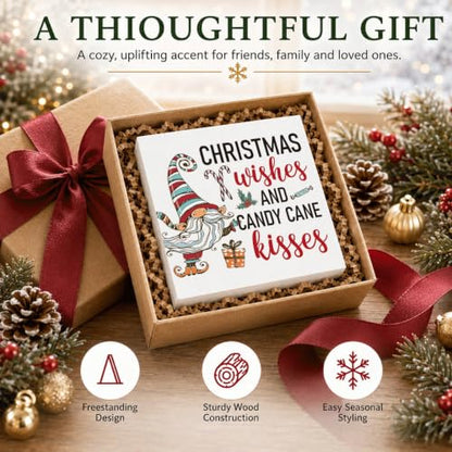 Christmas Wishes and Candy Cane Kisses Sign, Gnome Wood Box Shelf Decor - color: Style 21
