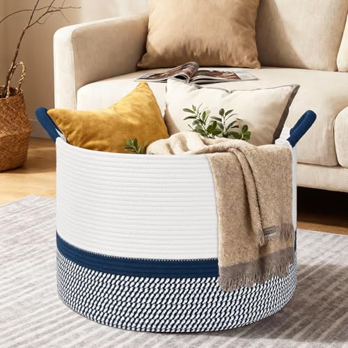 67L Large Blanket Basket, 20"x13" Blanket Basket Living Room, Woven Baskets With Handle, Toy Baskets for Blankets, Nursery, Dog, Pillow, Gift (White & Navy Blue) - color: White & Navy Blue, size: 67L