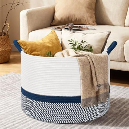 67L Large Blanket Basket, 20"x13" Blanket Basket Living Room, Woven Baskets With Handle, Toy Baskets for Blankets, Nursery, Dog, Pillow, Gift (White & Navy Blue) - color: White & Navy Blue, size: 67L