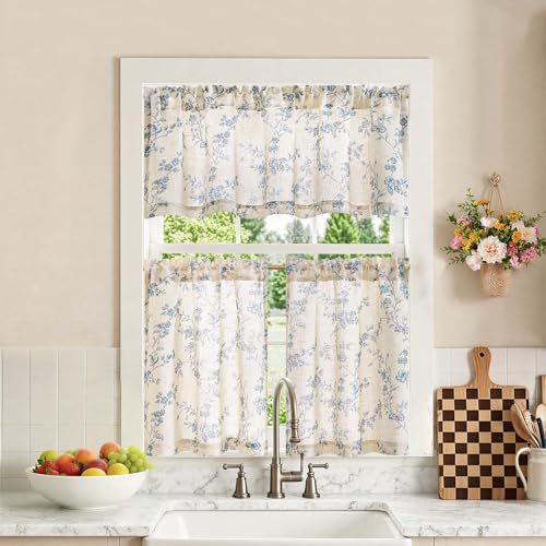 jinchan Blue Linen Floral Kitchen Tier Curtains and Valance Set 3 Pieces - color: Alisa | Blue on Linen, size: 26"W x 24"L (Pack of 3)