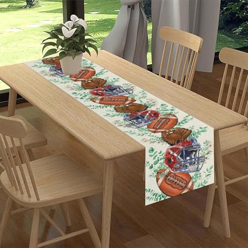 Football Table Runner, Blue Helmet Eucalyptus Football Sport Themed Table Center Decor for Family Kitchen Holiday Party Table Decorations Indoor or Outdoor 13x36 inch - color: Ball-5, size: 13x36" Table Runner