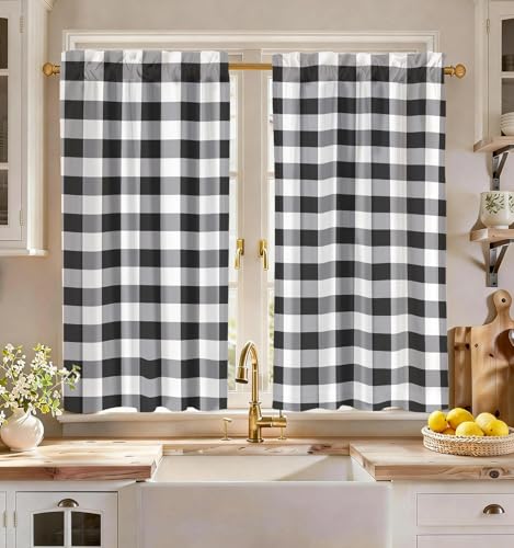 Miss Adola 45 Inch Length Kitchen Tier Curtains, Black Plaid - color: Black Plaid, size: 28"W x 45"L (Pack of 2)