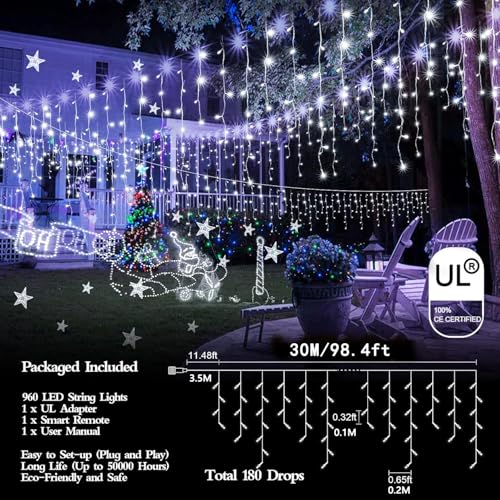 FLVOECN 98FT 960 LED Christmas Lights, Waterproof 8 Modes Ice Lights for Outside with Memory and Timer Hanging Fairy Lights Plug-in Curtain String Lights for Holiday Party Wedding Home (Cool White) - color: Mint Green